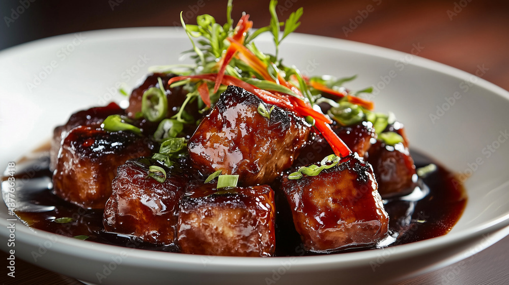 Appetizing dish with glazed meat and herbs served in a deep white plate Appetizing dish with glazed meat and herbs served in a deep white plate