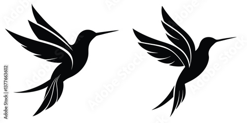 Silhouette of a hummingbird in flight, delicate and modern vector logo set