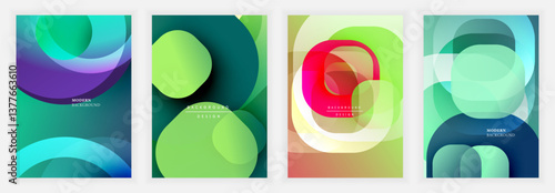 Minimal abstract compositions with rounded shapes and layered transparency in green, blue, red, and purple tones creating a modern fluid and harmonious visual style