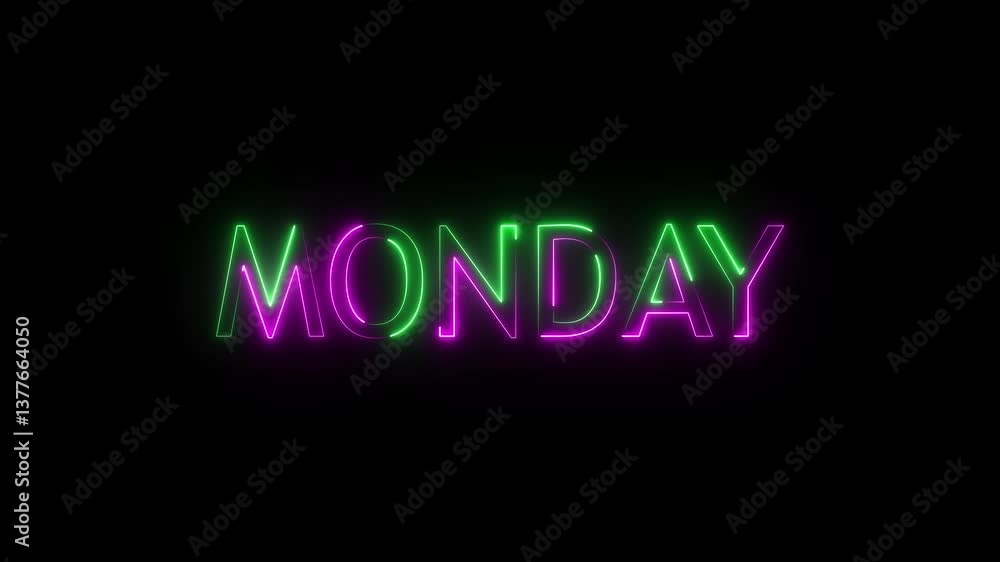 Glowing neon lines MONDAY text animation on black background. Glowing neon lines MONDAY text animation on black background.