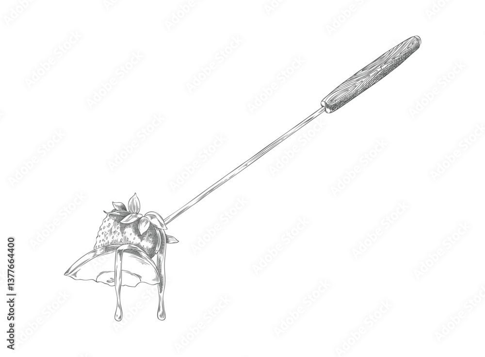 Strawberry and apple slice with melted chocolate on the skewer engraved hand drawn vector, berry and fruit fondue sketch Strawberry and apple slice with melted chocolate on the skewer engraved hand drawn vector, berry and fruit fondue sketch