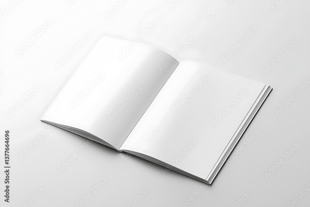 Open Blank White Magazine on White Background, Clean Minimalist Look, Flat Lay Open Blank White Magazine on White Background, Clean Minimalist Look, Flat Lay
