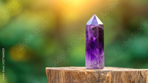 Vibrant amethyst crystal tower in natural setting - energy and healing concept for interior decor and wellness inspiration
