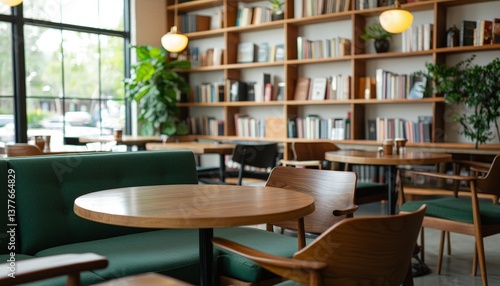 Cozy Modern Café Interior with Wooden Furniture and Bookshelves in Natural Light