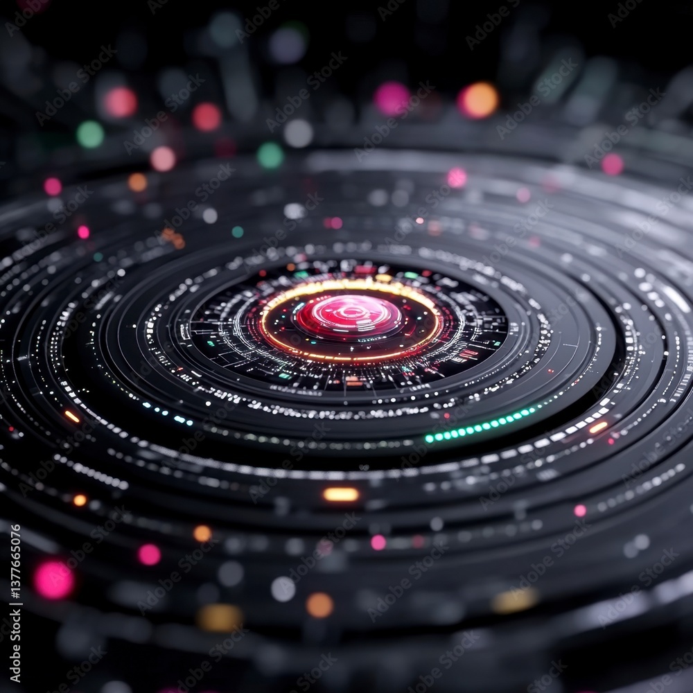 Abstract digital art featuring concentric circles with glowing lights and data points. Dark background with vibrant color accents. Abstract digital art featuring concentric circles with glowing lights and data points. Dark background with vibrant color accents.