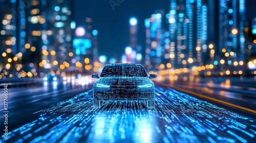 Abstract digital car driving on a city road at night, glowing blue lines and city lights in the background.