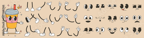 Set of 70s groovy comic faces vector. Collection of cartoon character faces, leg, hand in different emotions happy, angry, sad, cheerful. Cute retro groovy hippie illustration for decorative, sticker.