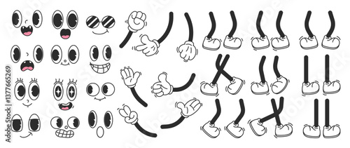 Set of 70s groovy comic faces vector. Collection of cartoon character faces, leg, hand in different emotions happy, angry, sad, cheerful. Cute retro groovy hippie illustration for decorative, sticker.