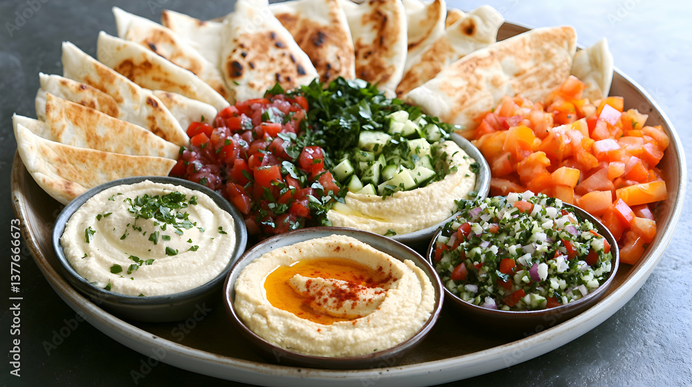 A colorful mezze platter featuring hummus, baba ghanoush, tabbouleh, and fresh pita bread, styled with a rustic Middle Eastern theme A colorful mezze platter featuring hummus, baba ghanoush, tabbouleh, and fresh pita bread, styled with a rustic Middle Eastern theme