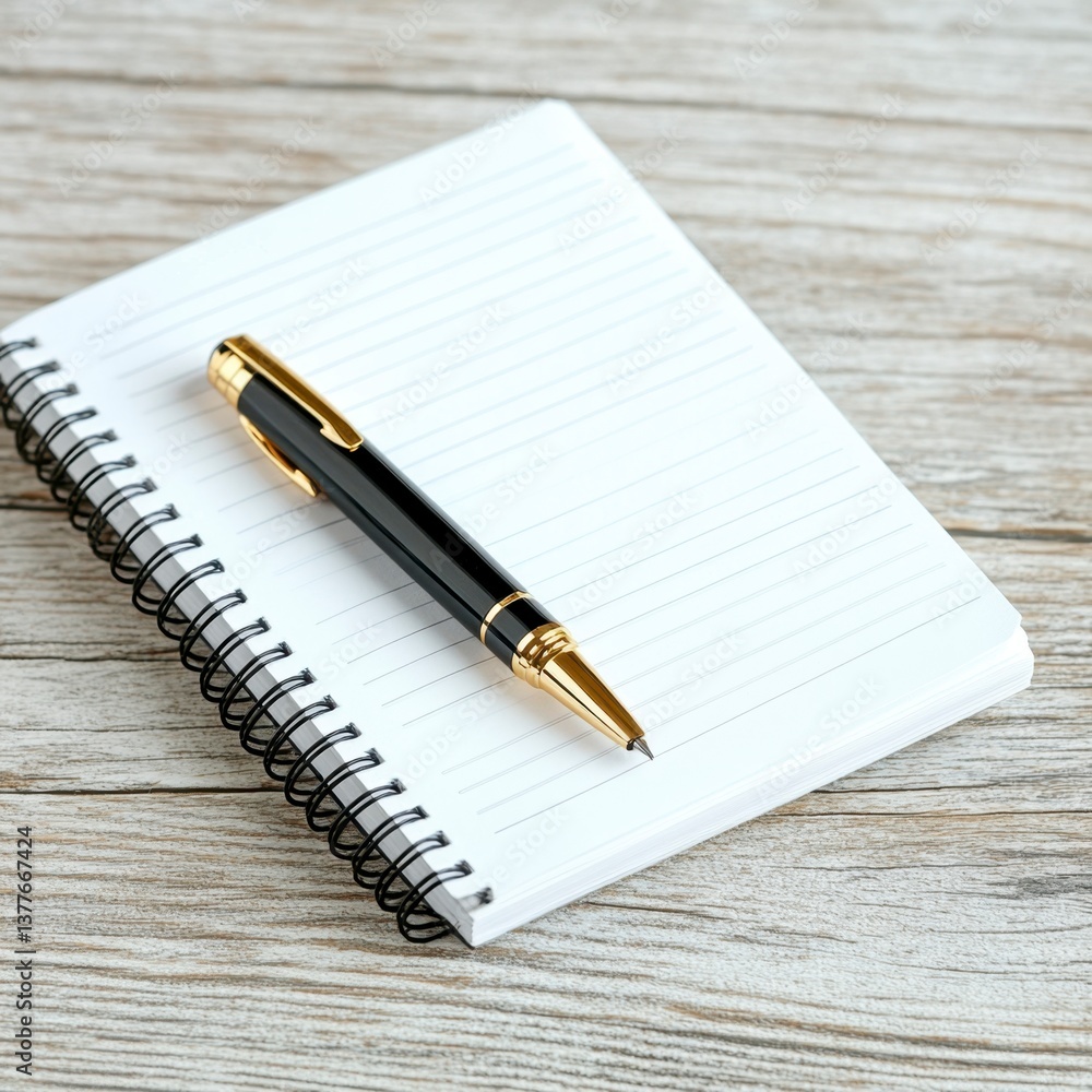 Black pen rests on a blank spiral notebook atop a light wood surface. Black pen rests on a blank spiral notebook atop a light wood surface.