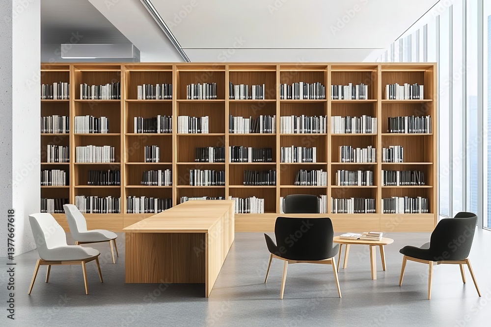 Modern office library with wooden furniture and bookshelves. 3D Rendering Modern office library with wooden furniture and bookshelves. 3D Rendering