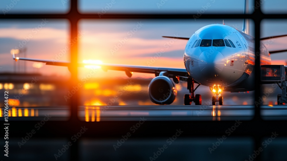 Modern passenger airplane taxiing on the runway during a beautiful sunset at the airport Modern passenger airplane taxiing on the runway during a beautiful sunset at the airport