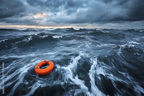 Orange Lifebuoy Floating on Wavy Sea Under Overcast Sky in Cloudy Weather, Dark Ocean