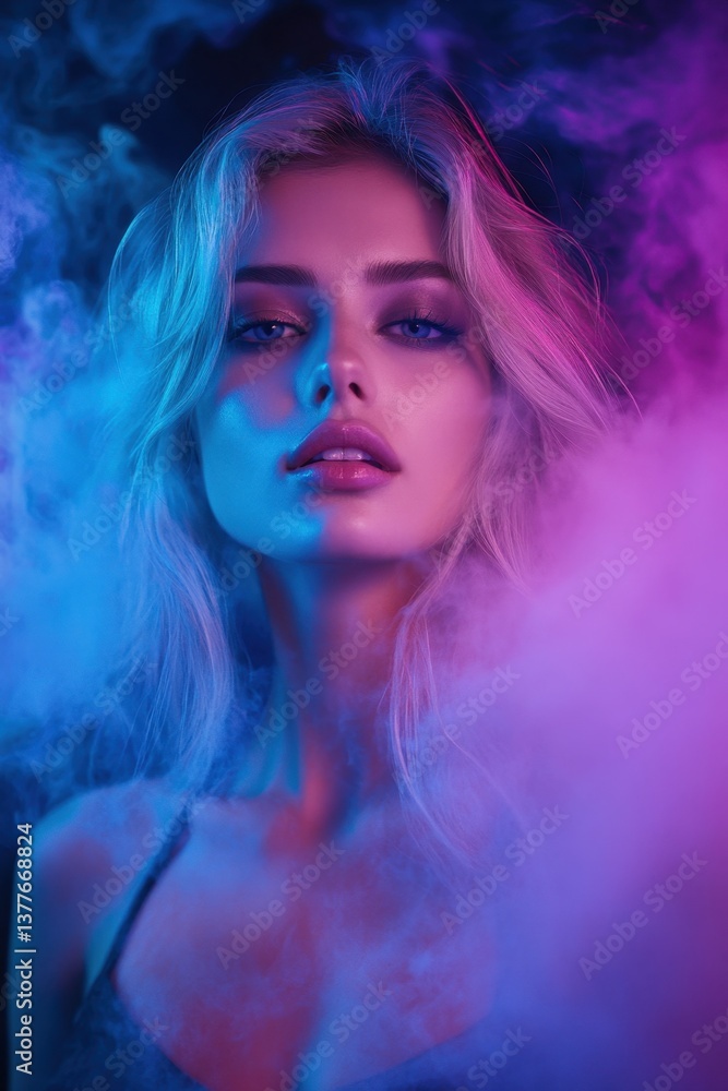 Female model with a sensual expression, surrounded by vapor effects Female model with a sensual expression, surrounded by vapor effects