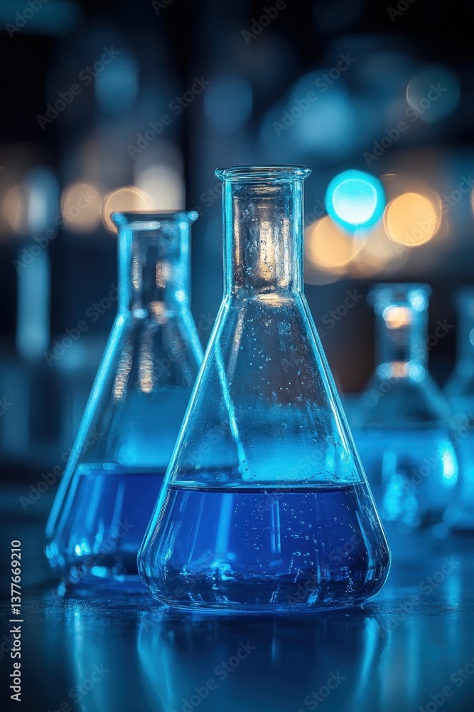 Blue liquid in laboratory glassware with bokeh background creating a moody and scientific atmosphere perfect for research and development Blue liquid in laboratory glassware with bokeh background creating a moody and scientific atmosphere perfect for research and development