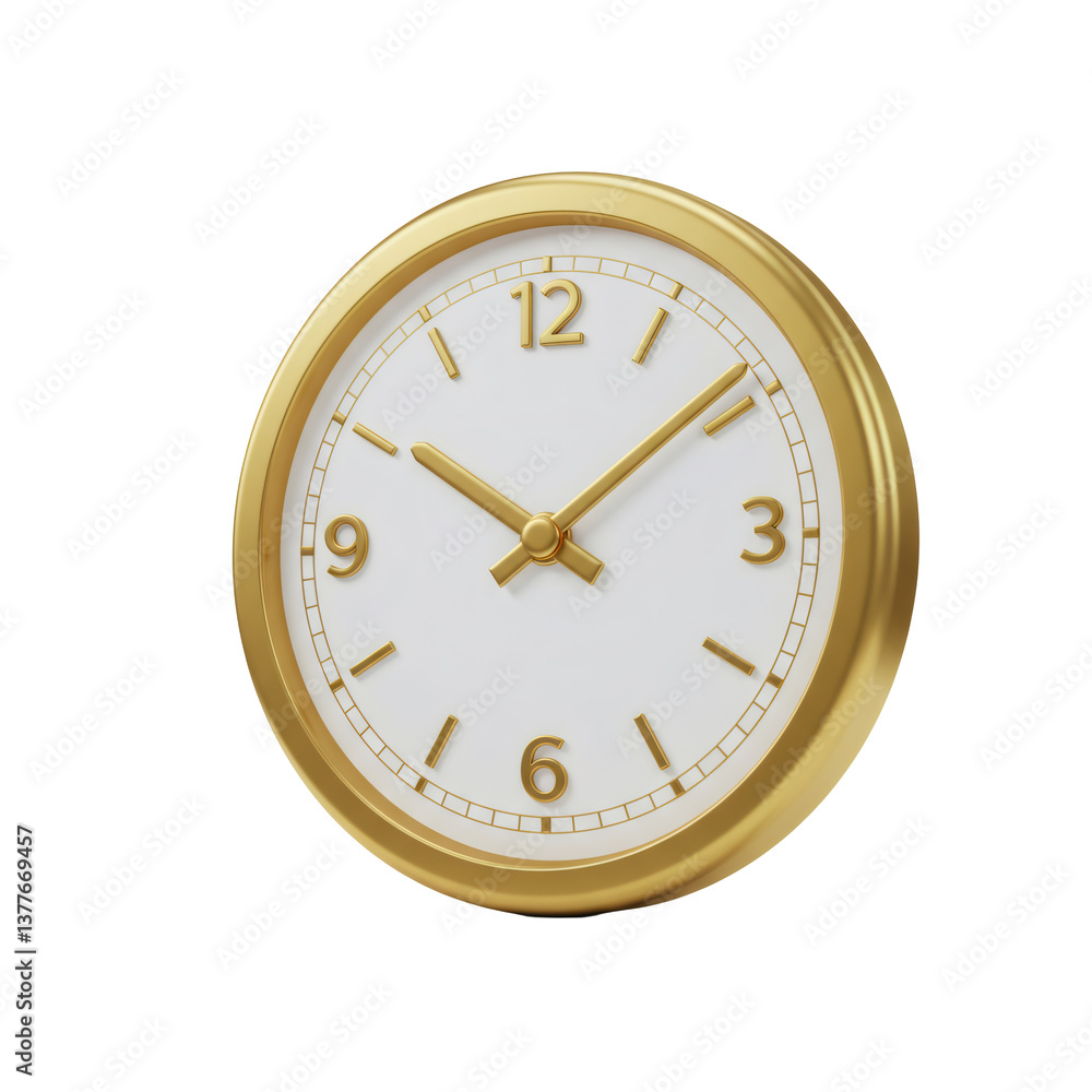 Gold Round Analog Clock with White Face on Transparent Background Gold Round Analog Clock with White Face on Transparent Background