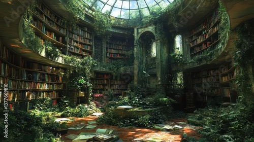 Lush overgrown library, filled with books and vibrant plants