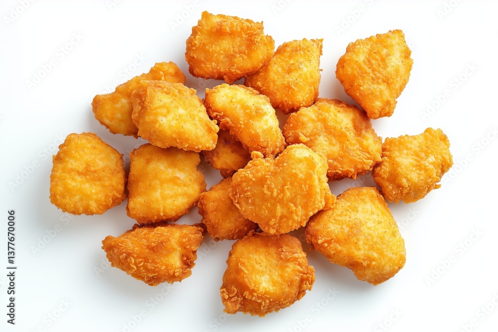 Golden Crispy Chicken Nuggets Arrangement on Clean White Background for Food Photography and Menu Marketing Golden Crispy Chicken Nuggets Arrangement on Clean White Background for Food Photography and Menu Marketing