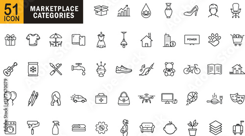 Marketplace categories editable outline icon set. Shopping, business, fashion, home, technology and more.