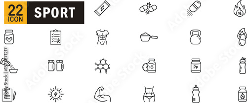Sport editable outline icon set. Fitness, supplements, nutrition, workout, energy and more.