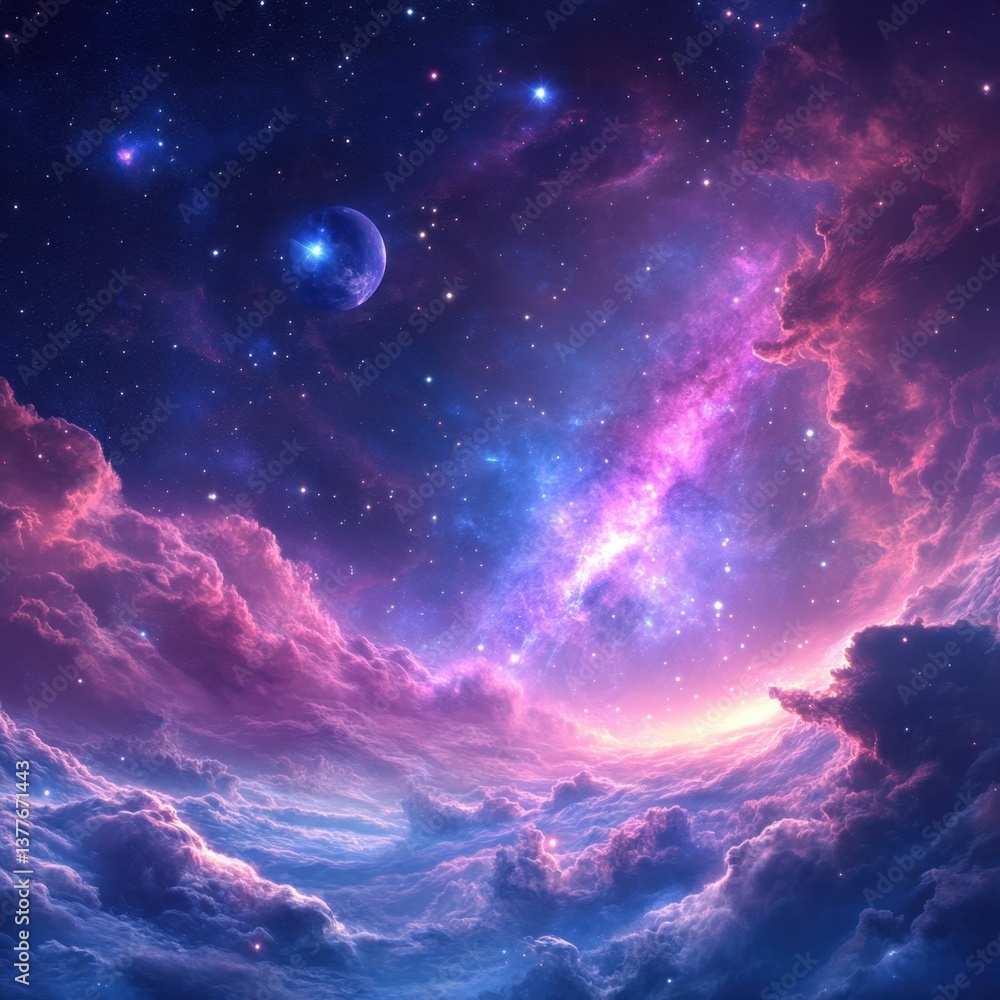 Ethereal cosmic landscape with celestial clouds and distant planet in a vibrant nebula of pink and blue space Ethereal cosmic landscape with celestial clouds and distant planet in a vibrant nebula of pink and blue space