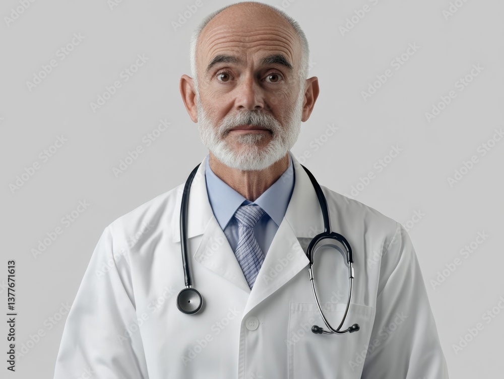 Grey-haired man in medical coat examining patient Grey-haired man in medical coat examining patient