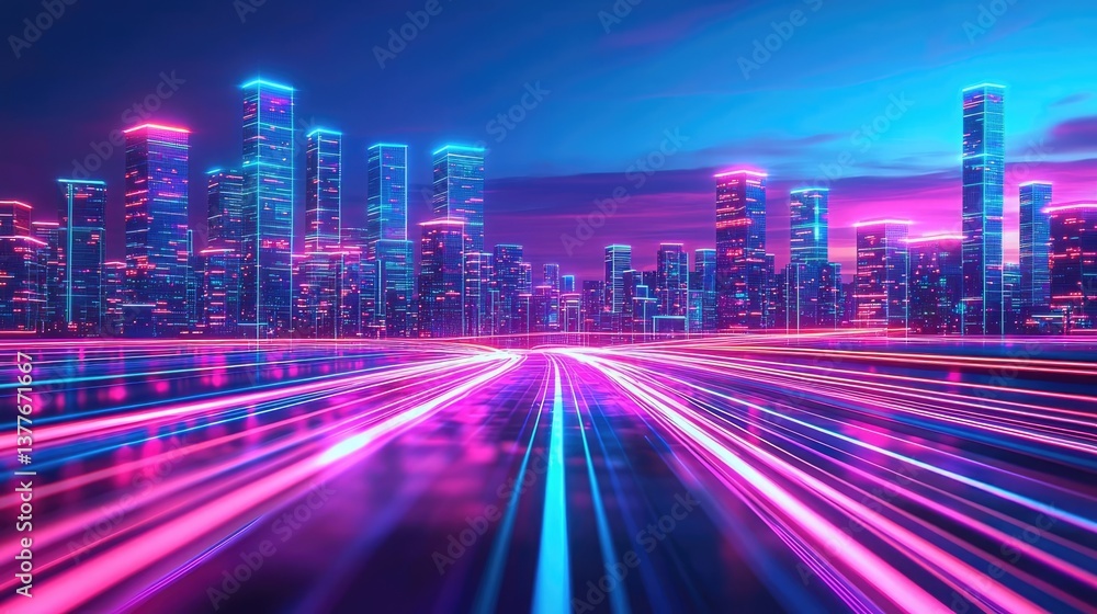Fototapeta premium Motion blur city featuring futuristic technology and digital panorama concept. Vibrant city skyline with neon lights and illuminated pathways.