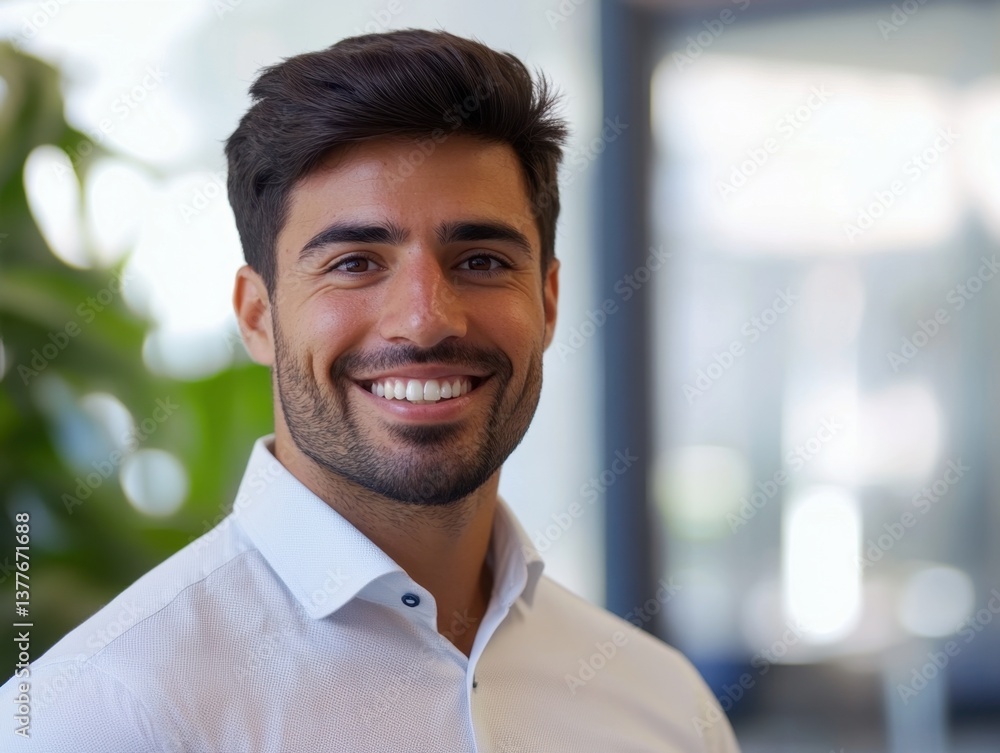 Man with beard smiling in office setting. Man with beard smiling in office setting.
