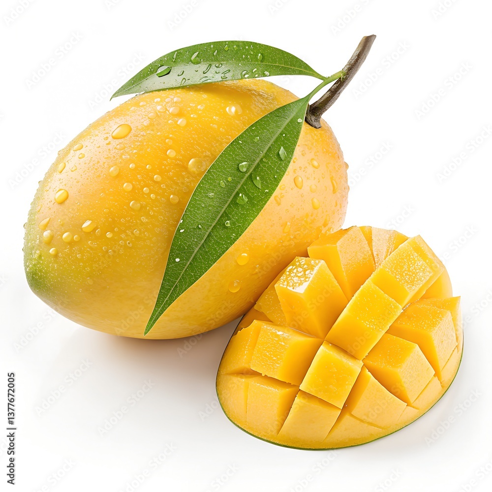 Close-Up of a Ripe Mango with Green Leaf and Water Droplets Close-Up of a Ripe Mango with Green Leaf and Water Droplets
