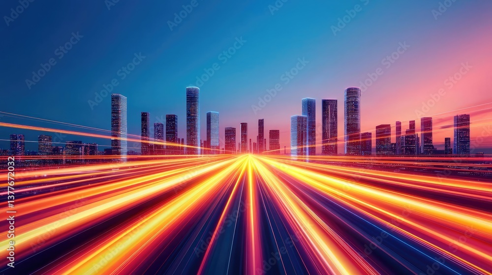 Obraz premium Motion blur city featuring futuristic technology and digital panorama concept. Streaks of light illuminate a city skyline at twilight.