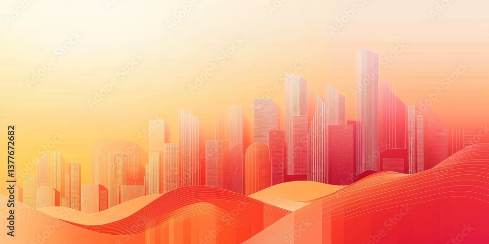 Futuristic urban skyline at sunset with abstract waves Futuristic urban skyline at sunset with abstract waves