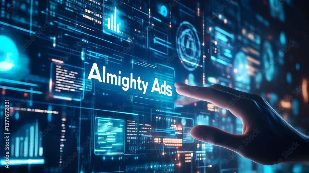 Fototapeta premium Navigating Digital Realms: A futuristic hand interacts with a high-tech interface showcasing digital marketing prowess. Explore the cutting-edge world of data visualization and innovation