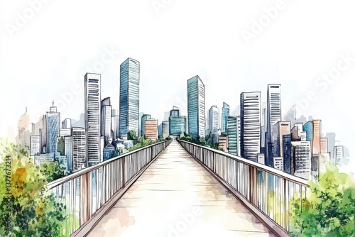 A vibrant watercolor illustration of a city skyline viewed from a bridge, blending nature and urban architecture.