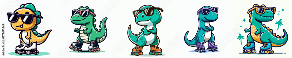 Cool cartoon dinosaur vector collection with glasses and roller skates Cool cartoon dinosaur vector collection with glasses and roller skates