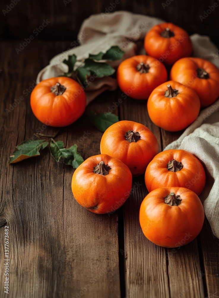 Fresh Persimmons on Wooden Table Fresh Persimmons on Wooden Table