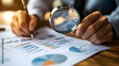 Magnifying Analysis: A close-up view of a person's hands meticulously analyzing financial reports using a magnifying glass, capturing the essence of precision and in-depth examination.