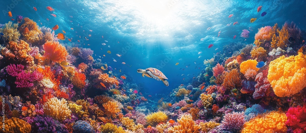 Naklejka premium Vibrant Coral Reef Underwater Scene with Sea Turtle