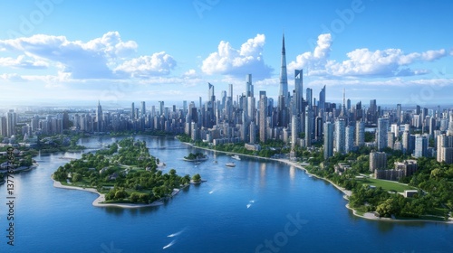 Wallpaper Mural Aerial view of a futuristic city skyline on a sunny day, featuring skyscrapers, a waterfront with green parks and islands, and boats on the water. Torontodigital.ca