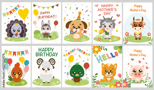 Cute Farm Animals Greeting Cards Set, adorable greeting cards featuring farm animals in a cute, cartoon style