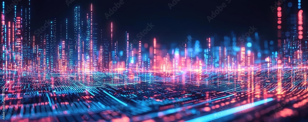 Fototapeta premium Motion blur city with digital panorama and futuristic technology concept. Futuristic digital city with vibrant neon lights and data streams.