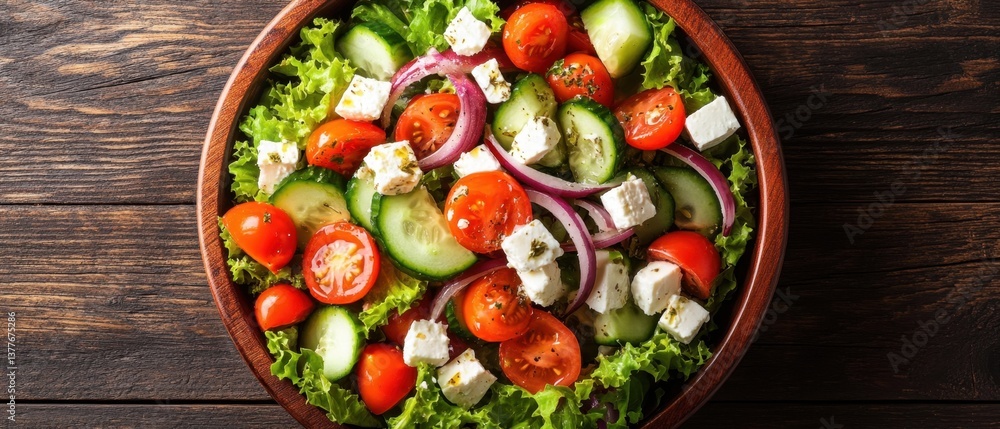 Vibrant greek salad with fresh tomatoes cucumbers red onion and feta cheese in wooden bowl on rustic dark wood table top view healthy eating concept Vibrant greek salad with fresh tomatoes cucumbers red onion and feta cheese in wooden bowl on rustic dark wood table top view healthy eating concept