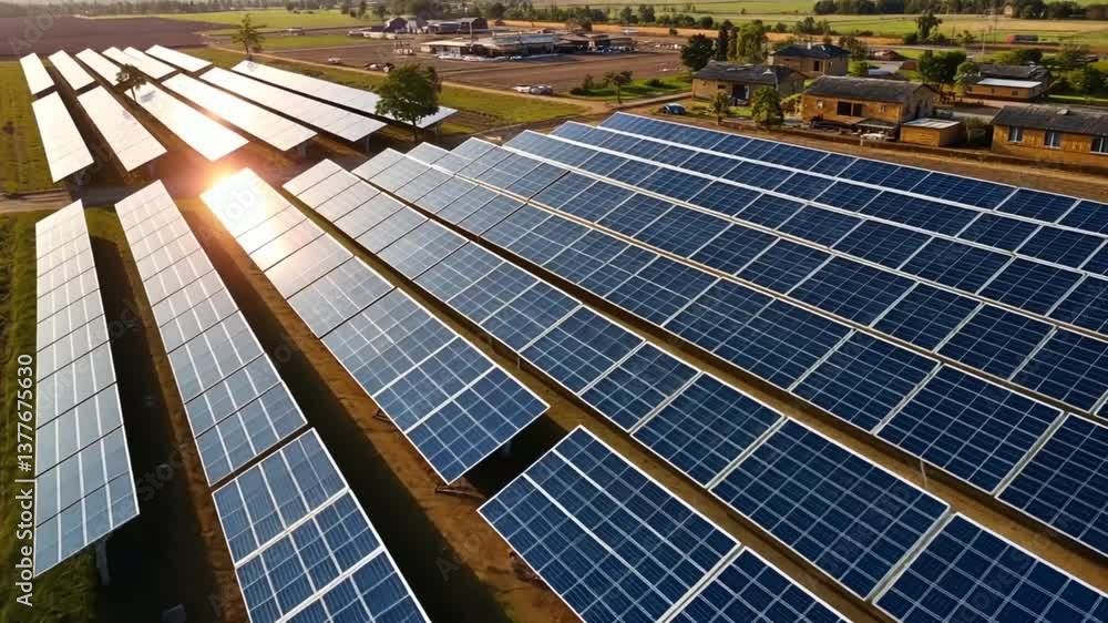 Aerial view of extensive solar panel farm generating clean renewable energy for a sustainable future