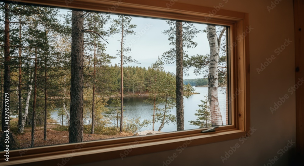 Fototapeta premium View from a cozy cabin window overlooking a serene lake and forest landscape
