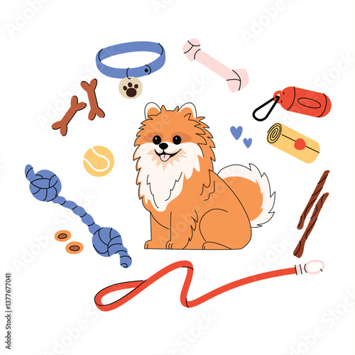 Illustration of a cute dog surrounded by pet accessories including a leash, collar, toys, treats, poop bags, and a tennis ball. Concept for dog care, pet supplies, and responsible pet ownership