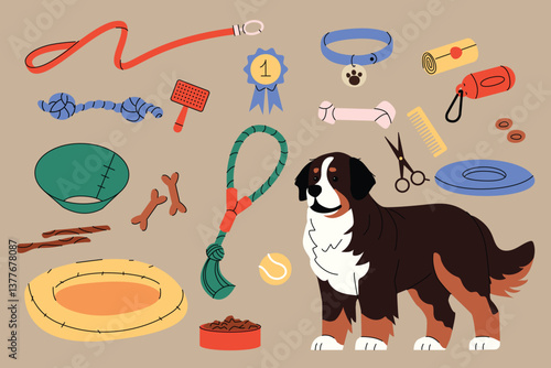 Illustration of a Bernese Mountain Dog surrounded by pet accessories including toys, treats, collar, leash, grooming tools, food, and a dog bed. Concept for large dog care and pet essentials. Vector
