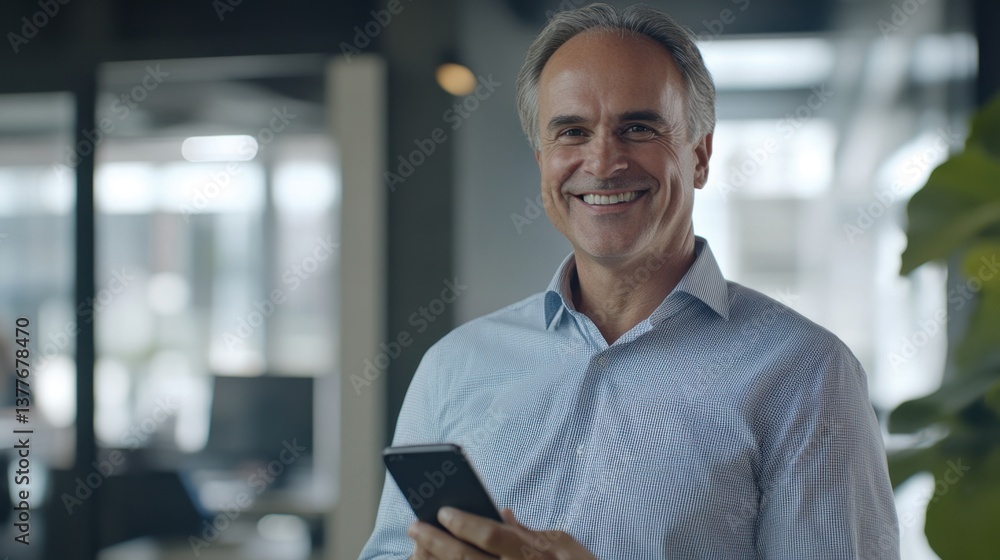 Fototapeta premium Businessman on cellphone, smiling office environment