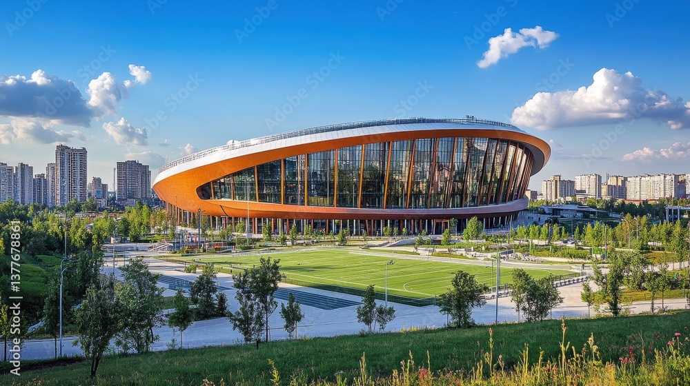 Obraz premium Modern architectural marvel: large oval building with glass facade and scenic surroundings