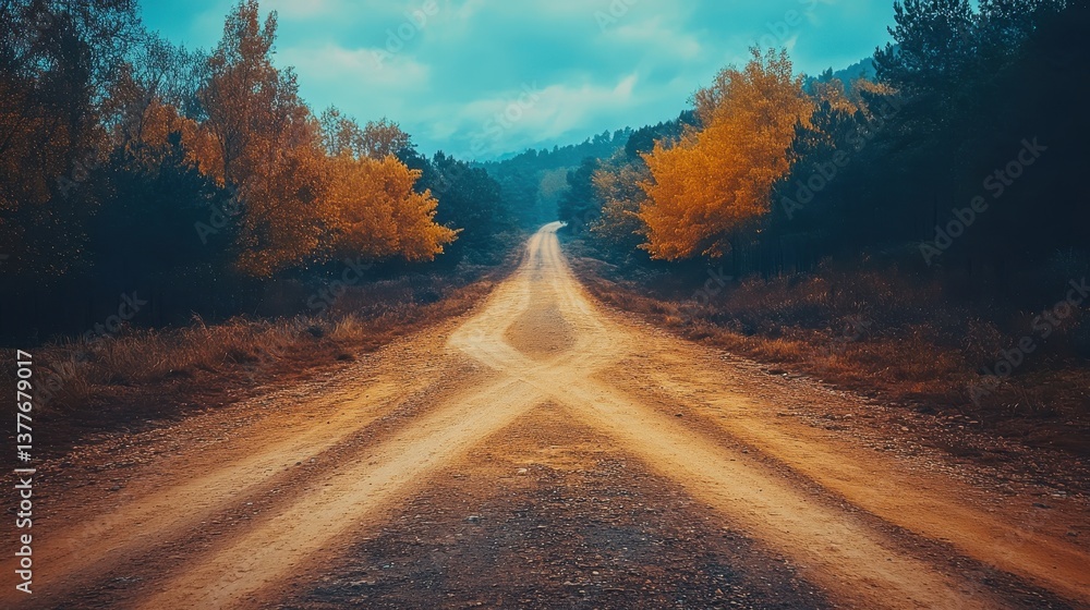 Obraz premium Dirt road intersection in autumn forest under cloudy sky