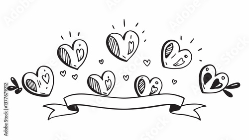Hand-drawn hearts expressing love and joy on a blank banner  