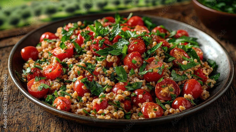 Rustic enamel plate of Italian farro salad with tomatoes and herbs in Tuscan olive grove Rustic enamel plate of Italian farro salad with tomatoes and herbs in Tuscan olive grove